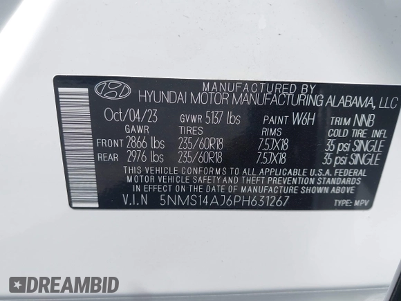 2023 Hyundai Santa Fe SE with VIN 5NMS14AJ6PH631267, listed as a IAAI auction lot 42053761 with 17,880 mi miles and . Bid and sale history available at DreamBid. Image 9.