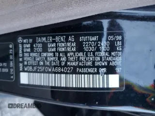 1998 Mercedes-Benz E 320 with VIN WDBJF25F0WA684027, listed as a Copart auction lot 82171114 with 259,427 mi miles and Salvage Title. Bid and sale history available at DreamBid. Image 12.