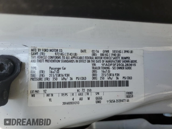 2016 Ford Focus SE с VIN 1FADP3F25GL283615, выставлен на аукционе Copart как лот 52292275 с пробегом 146 155 миль миль и Списание • Salvage title. История ставок и продаж доступна на DreamBid. Изображение 12.