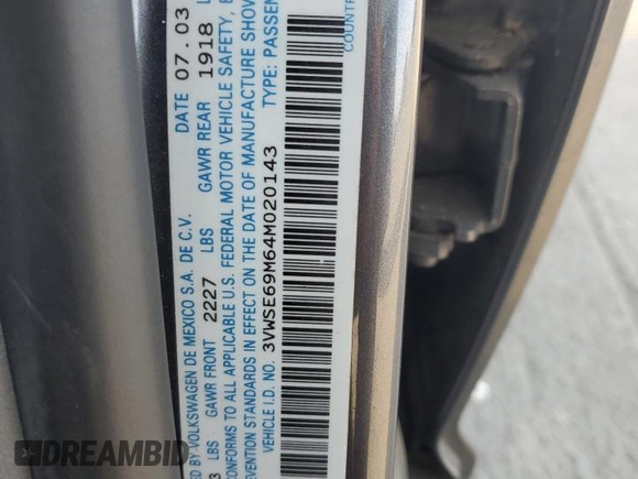 2004 Volkswagen Jetta GLS with VIN 3VWSE69M64M020143, listed as a Copart auction lot 52111795 with 175,088 mi miles and Salvage title. Bid and sale history available at DreamBid. Image 12.