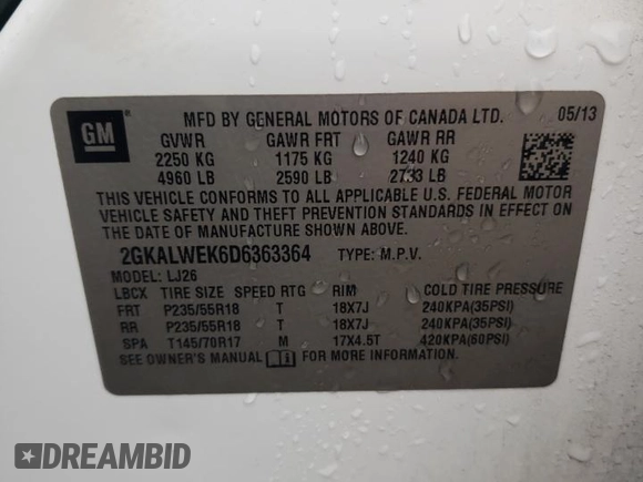 2013 GMC Terrain SLT with VIN 2GKALWEK6D6363364, listed as a Copart auction lot 51697745 with 114,149 mi miles and Salvage title. Bid and sale history available at DreamBid. Image 13.
