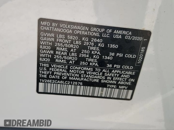 2020 Volkswagen Atlas SE with VIN 1V26E2CA6LC212575, listed as a Copart auction lot 54010195 with 73,391 mi miles and Salvage title. Bid and sale history available at DreamBid. Image 13.