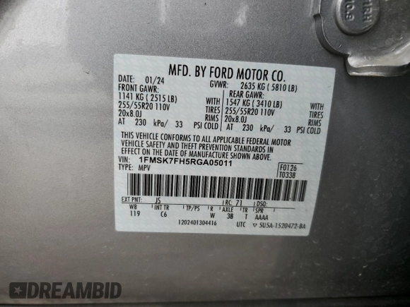 2024 Ford Explorer Limited with VIN 1FMSK7FH5RGA05011, listed as a Copart auction lot 53397405 with 20,942 mi miles and Salvage Title. Bid and sale history available at carsss.com. Image 14.