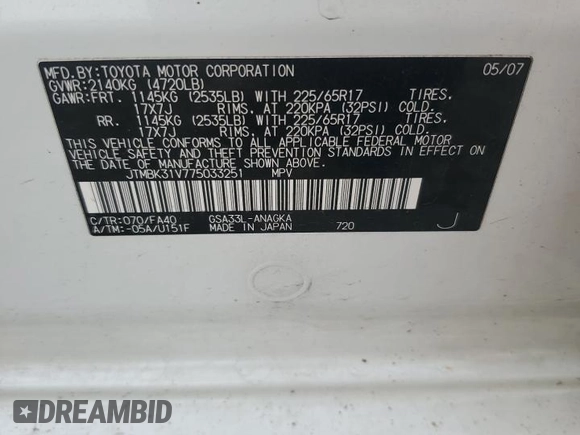 2007 Toyota RAV4 Limited with VIN JTMBK31V775033251, listed as a Copart auction lot 63999095 with 119,611 mi miles and Salvage title. Bid and sale history available at DreamBid. Image 14.