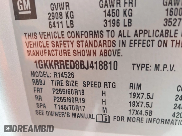2011 GMC Acadia SLT1 with VIN 1GKKRRED8BJ418810, listed as a IAAI auction lot 41934989 with 179,299 mi miles. Bid and sale history available at carsss.com. Image 9.