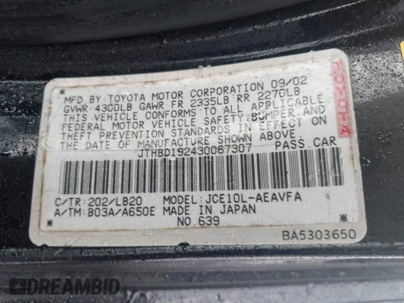 2003 Lexus IS 300/350 with VIN JTHBD192430067307, listed as a IAAI auction lot 41286651 with 271,741 mi miles and . Bid and sale history available at DreamBid. Image 9.