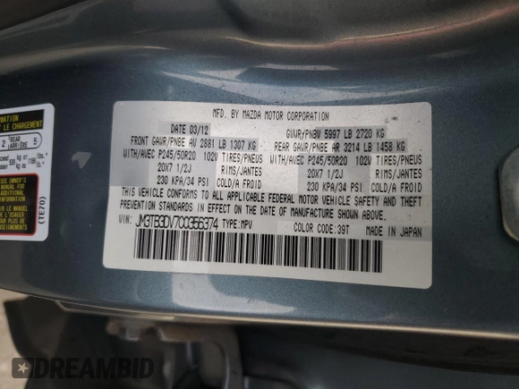 2012 Mazda CX-9 Grand Touring with VIN JM3TB3DV7C0356374, listed as a Copart auction lot 43962075 with 164,852 mi miles and Salvage Title. Bid and sale history available at carsss.com. Image 15.