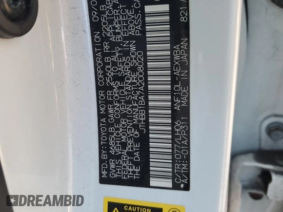 2010 Lexus HS 250h with VIN JTHBB1BA7A2008020, listed as a Copart auction lot 43164075 with 195,548 mi miles and Salvage Title. Bid and sale history available at DreamBid. Image 12.