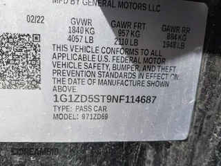 2022 Chevrolet Malibu LT with VIN 1G1ZD5ST9NF114687, listed as a IAAI auction lot 37247438 with 34,935 mi miles and . Bid and sale history available at DreamBid. Image 9.