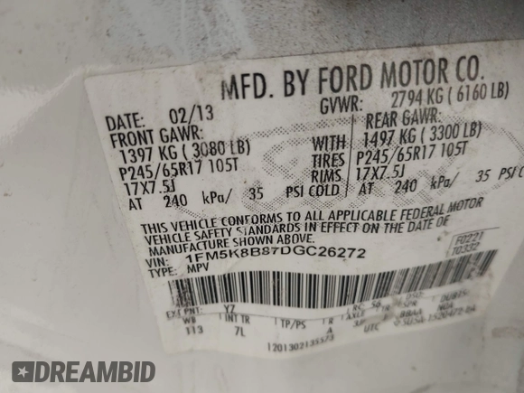2013 Ford Explorer z VIN 1FM5K8B87DGC26272, wystawiony jako IAAI lot #42596037 z przebiegiem 172 000 mil mil oraz . Historia ofert i sprzedaży dostępna na DreamBid. Obrazek 9.