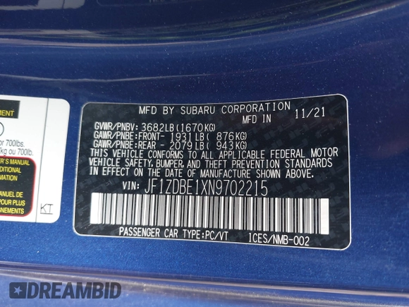 2022 Subaru BRZ Limited with VIN JF1ZDBE1XN9702215, listed as a IAAI auction lot 42007263 with 38,006 mi miles and . Bid and sale history available at DreamBid. Image 9.