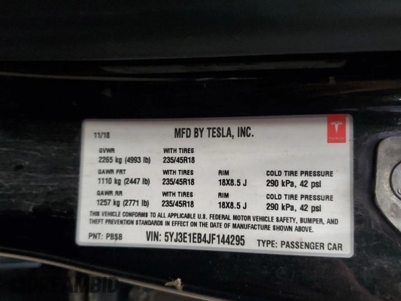 2018 Tesla Model 3 Long Range Battery z VIN 5YJ3E1EB4JF144295, wystawiony jako Copart lot #58754715 z przebiegiem 63 569 mil mil oraz Tytuł czysty. Historia ofert i sprzedaży dostępna na DreamBid. Obrazek 12.