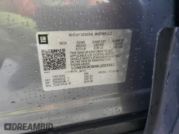 2019 Chevrolet Traverse LT Cloth with VIN 1GNERGKW4KJ313983, listed as a Copart auction lot 58828275 with Not provided miles and Salvage title. Bid and sale history available at DreamBid. Image 13.