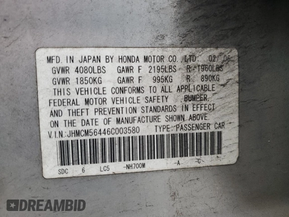 2006 Honda Accord LX с VIN JHMCM56446C003580, выставлен на аукционе Copart как лот 49744385 с пробегом 221 896 миль миль и Чистый • Clean title. История ставок и продаж доступна на DreamBid. Изображение 13.