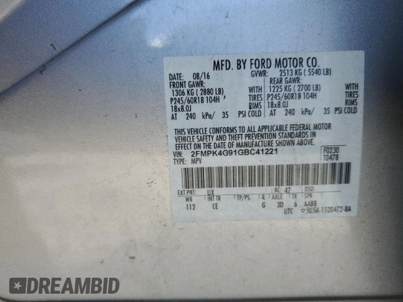 2016 Ford Edge SE с VIN 2FMPK4G91GBC41221, выставлен на аукционе Copart как лот 53158715 с пробегом 173 630 миль миль и Списание • Salvage title. История ставок и продаж доступна на DreamBid. Изображение 13.