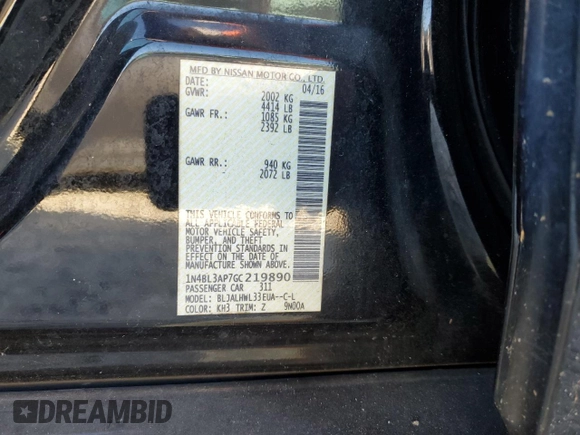 2016 Nissan Altima SR with VIN 1N4BL3AP7GC219890, listed as a Copart auction lot 85844724 with 115,546 mi miles and Salvage Title. Bid and sale history available at carsss.com. Image 12.