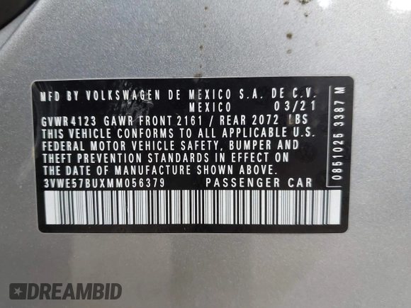 2021 Volkswagen Jetta SEL with VIN 3VWE57BUXMM056379, listed as a IAAI auction lot 42456450 with 34,697 mi miles and . Bid and sale history available at DreamBid. Image 8.