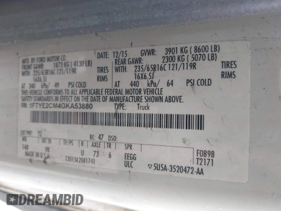 2016 Ford Transit с VIN 1FTYE2CM4GKA53880, выставлен на аукционе IAAI как лот 39149763 с пробегом 171 093 миль миль и . История ставок и продаж доступна на DreamBid. Изображение 9.