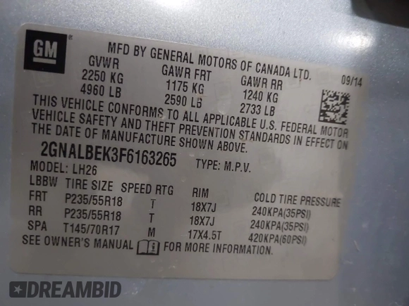 2015 Chevrolet Equinox LT with VIN 2GNALBEK3F6163265, listed as a IAAI auction lot 41978574 with 96,388 mi miles. Bid and sale history available at carsss.com. Image 9.