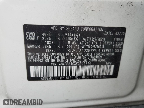 2019 Subaru Outback Touring с VIN 4S4BSATCXK3312774, выставлен на аукционе Copart как лот 58752435 с пробегом Не указан миль и Списание • Salvage title. История ставок и продаж доступна на DreamBid. Изображение 13.