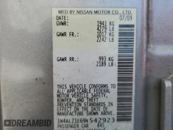 2009 Nissan Altima 2.5 SL with VIN 1N4AL21E69N542923, listed as a Copart auction lot 53723075 with 59,978 mi miles and Salvage Title. Bid and sale history available at carsss.com. Image 12.