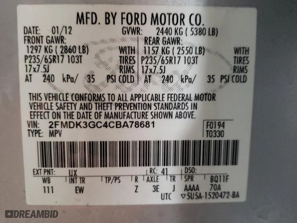 2012 Ford Edge SE with VIN 2FMDK3GC4CBA78681, listed as a Copart auction lot 45033955 with 309,524 mi miles and Salvage Title. Bid and sale history available at carsss.com. Image 12.