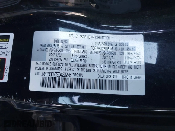 2014 Mazda CX-9 Grand Touring with VIN JM3TB3DV7E0429276, listed as a IAAI auction lot 41415446 with 94,939 mi miles and . Bid and sale history available at DreamBid. Image 9.