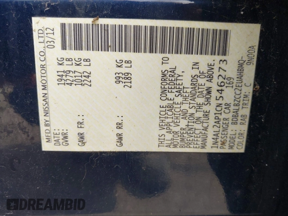 2012 Nissan Altima 2.5 with VIN 1N4AL2AP1CN546273, listed as a IAAI auction lot 42134496 with 118,438 mi miles and . Bid and sale history available at DreamBid. Image 9.
