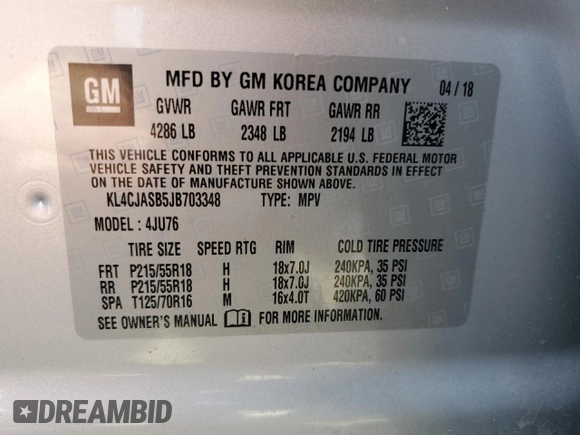 2018 Buick Encore Preferred with VIN KL4CJASB5JB703348, listed as a Copart auction lot 50417355 with 47,778 mi miles and Salvage Title. Bid and sale history available at DreamBid. Image 13.
