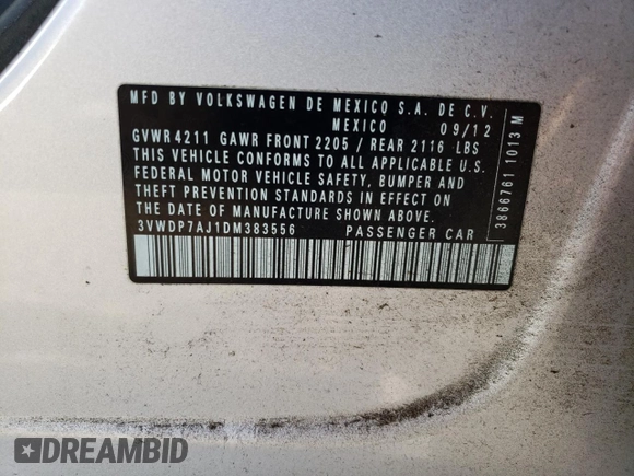 2013 Volkswagen Jetta Sedan SE with VIN 3VWDP7AJ1DM383556, listed as a Copart auction lot 89265455 with 109,368 mi miles and Salvage Title. Bid and sale history available at carsss.com. Image 12.