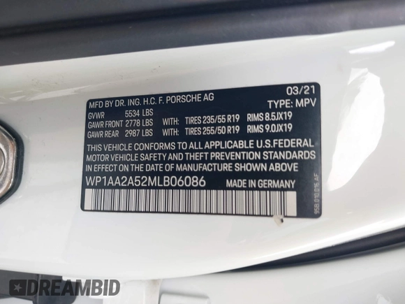 2021 Porsche Macan with VIN WP1AA2A52MLB06086, listed as a IAAI auction lot 39423611 with 56,559 mi miles and . Bid and sale history available at DreamBid. Image 9.