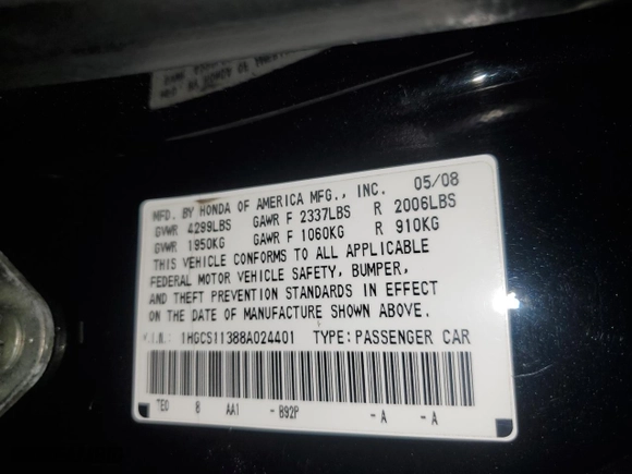 2008 Honda Accord Cpe LX-S with VIN 1HGCS11388A024401, listed as a Copart auction lot 42657315 with 192,538 mi miles and Salvage Title. Bid and sale history available at carsss.com. Image 15.