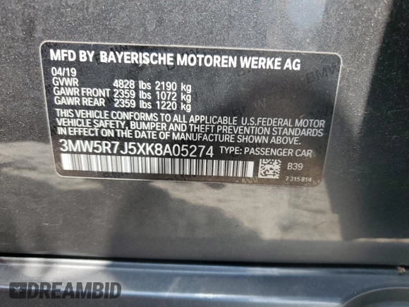 2019 BMW 3 Series 330i xDrive with VIN 3MW5R7J5XK8A05274, listed as a Copart auction lot 61479905 with 79,038 mi miles and Salvage title. Bid and sale history available at DreamBid. Image 12.