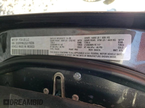 2020 Ram 3500 Laramie with VIN 3C63RRML2LG176339, listed as a Copart auction lot 81455744 with 0 mi miles and Non Repairable. Bid and sale history available at carsss.com. Image 12.