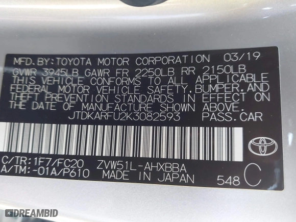2019 Toyota Prius L Eco with VIN JTDKARFU2K3082593, listed as a IAAI auction lot 41657698 with 239,412 mi miles. Bid and sale history available at carsss.com. Image 9.