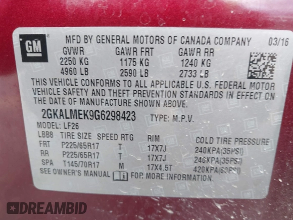 2016 GMC Terrain SLE with VIN 2GKALMEK9G6298423, listed as a IAAI auction lot 40803806 with 164,798 mi miles and . Bid and sale history available at carsss.com. Image 9.