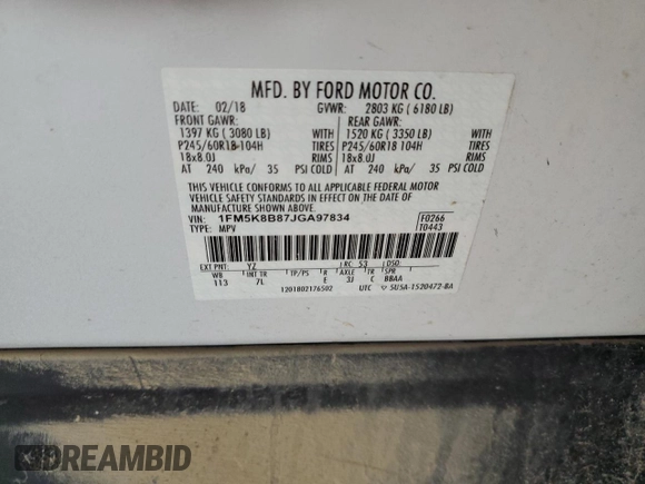 2018 Ford Explorer z VIN 1FM5K8B87JGA97834, wystawiony jako Copart lot #60638265 z przebiegiem 143 249 mil mil oraz Szkoda całkowita • Salvage title. Historia ofert i sprzedaży dostępna na DreamBid. Obrazek 13.