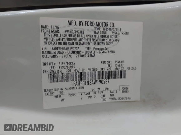 2010 Ford Focus SE with VIN 1FAHP3FN3AW190237, listed as a IAAI auction lot 42039390 with 338,458 mi miles. Bid and sale history available at carsss.com. Image 9.