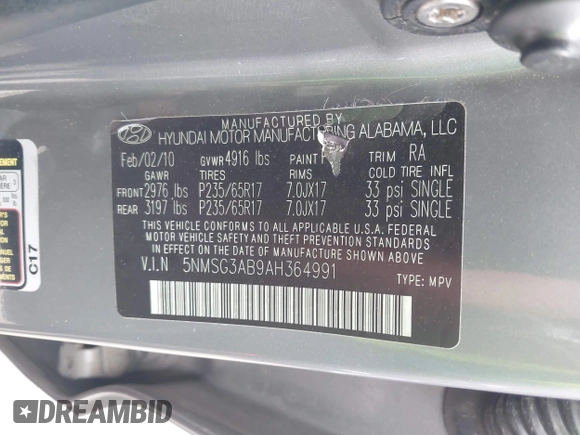 2010 Hyundai Santa Fe GLS z VIN 5NMSG3AB9AH364991, wystawiony jako IAAI lot #42265553 z przebiegiem 188 605 mil mil oraz . Historia ofert i sprzedaży dostępna na DreamBid. Obrazek 9.