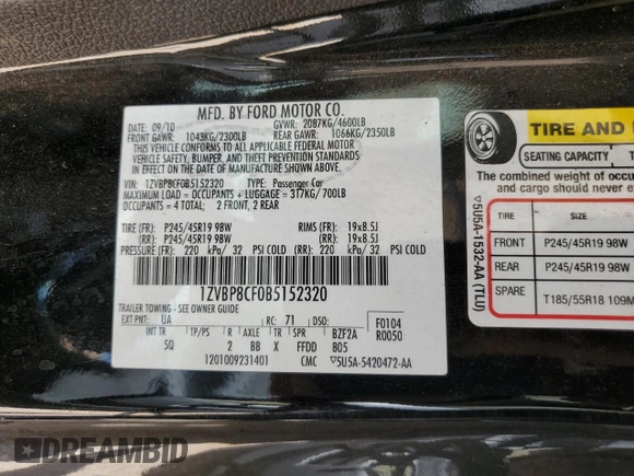 2011 Ford Mustang GT with VIN 1ZVBP8CF0B5152320, listed as a Copart auction lot 57822845 with 132,024 mi miles and Salvage title. Bid and sale history available at DreamBid. Image 13.
