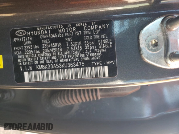 2019 Hyundai Kona Limited with VIN KM8K33A53KU363475, listed as a Copart auction lot 42014605 with 54,968 mi miles and Salvage Title. Bid and sale history available at carsss.com. Image 13.