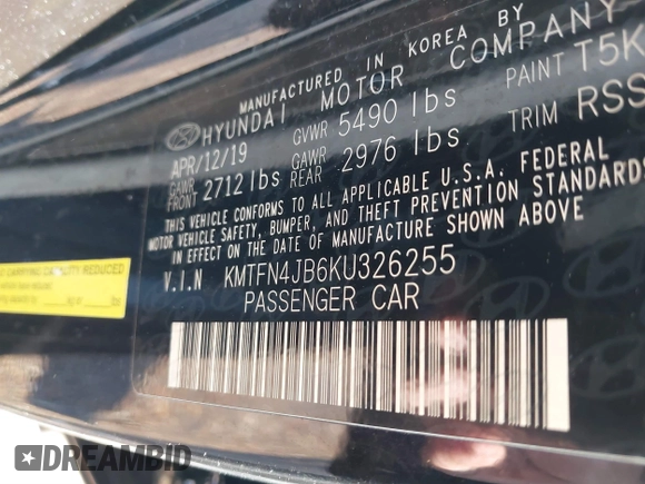 2019 Genesis G80 3.3T Sport with VIN KMTFN4JB6KU326255, listed as a IAAI auction lot 41154949 with 74,524 mi miles. Bid and sale history available at carsss.com. Image 9.