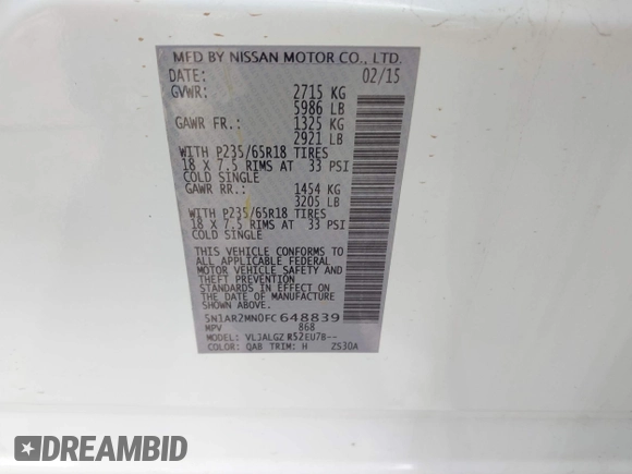 2015 Nissan Pathfinder Platinum with VIN 5N1AR2MN0FC648839, listed as a IAAI auction lot 41954795 with 123,730 mi miles and . Bid and sale history available at DreamBid. Image 9.