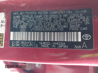 2008 Toyota Prius with VIN JTDKB20U383369155, listed as a IAAI auction lot 41943007 with 154,773 mi miles. Bid and sale history available at carsss.com. Image 9.