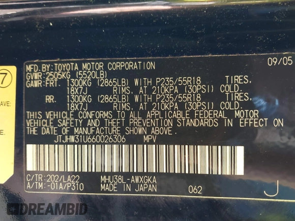 2006 Lexus RX 400h with VIN JTJHW31U660026306, listed as a IAAI auction lot 41757226 with 258,547 mi miles and . Bid and sale history available at DreamBid. Image 9.