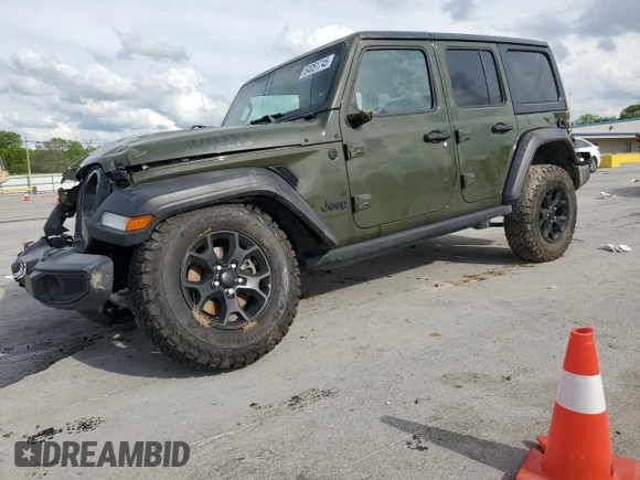 2021 Jeep Wrangler Unlimited Willys с VIN 1C4HJXDG9MW740262, выставлен на аукционе Copart как лот 54051745 с пробегом Не указан миль и Списание • Salvage title. История ставок и продаж доступна на DreamBid. Изображение 1.