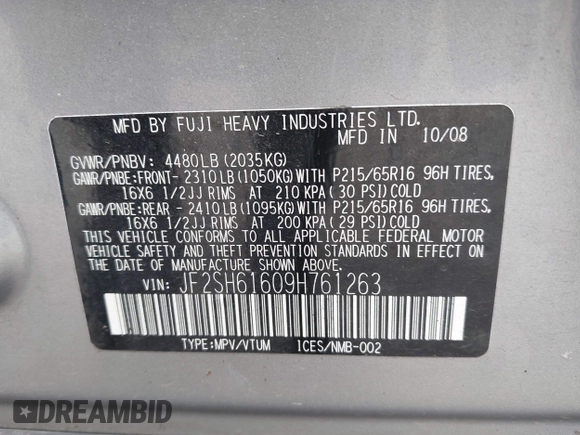 2009 Subaru Forester X with VIN JF2SH61609H761263, listed as a IAAI auction lot 42527614 with 174,045 mi miles and . Bid and sale history available at DreamBid. Image 9.