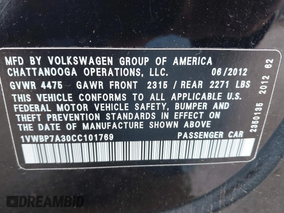2012 Volkswagen Passat SE z VIN 1VWBP7A30CC101769, wystawiony jako IAAI lot #42281010 z przebiegiem 161 003 mil mil oraz . Historia ofert i sprzedaży dostępna na DreamBid. Obrazek 9.