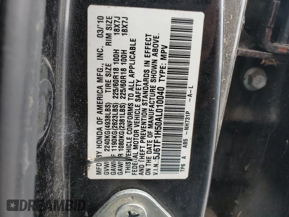 2010 Honda Crosstour EX-L z VIN 5J6TF1H50AL010040, wystawiony jako Copart lot #45092214 z przebiegiem Nie podano mil oraz Szkoda całkowita • Salvage title. Historia ofert i sprzedaży dostępna na DreamBid. Obrazek 12.