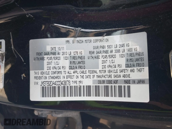 2012 Mazda CX-9 Grand Touring with VIN JM3TB2DA4C0343878, listed as a IAAI auction lot 41921590 with 168,927 mi miles and . Bid and sale history available at DreamBid. Image 9.